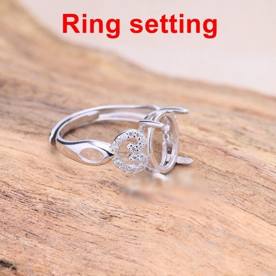 Halo Ring Setting Blank 9x11mm 1pc 925 Sterling Silver CZ Semi Mount for Oval Faceted Cabochon Stone 4 Prongs Adjustable Wholesale Available