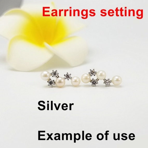 Stud Earring Setting Blanks 4.5mm 1 Pair 1.7g 925 Sterling Silver CZ Semi Mount Twig Base for 3 Pearls Beads Wholesale Available