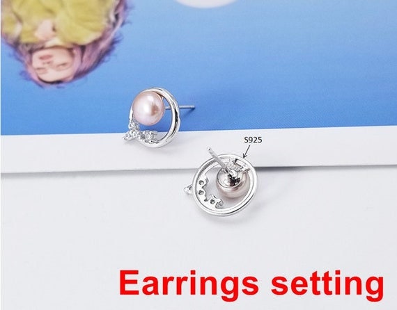 Stud Earring Setting Blanks 7mm 1 Pair 1.8g 925 Sterling Silver CZ Semi Mount Round Base for 1 Pearl Bead Wholesale Available