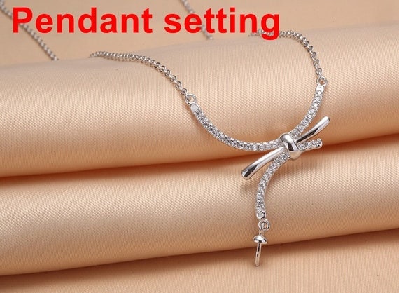 Necklace Pendant Setting Blank with Chain 7mm 1pc 3.2g 925 Sterling Silver Bow-Knot Shape Base for 1 Pearl CZ Semi Mount Wholesale Available