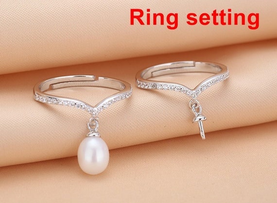 Ring Setting Blank 7.5mm 1pc 1.2g 925 Sterling Silver Adjustable CZ Semi Mount Round Shape Base for 1 Pearl Bead Wholesale Available