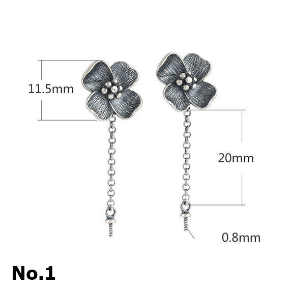 Stud Earring Chain Cup Pin Setting 6-10mm 1 Pair 2.3g 925 Sterling Silver Flower Base for 1 Pearl Bead Wholesale Available