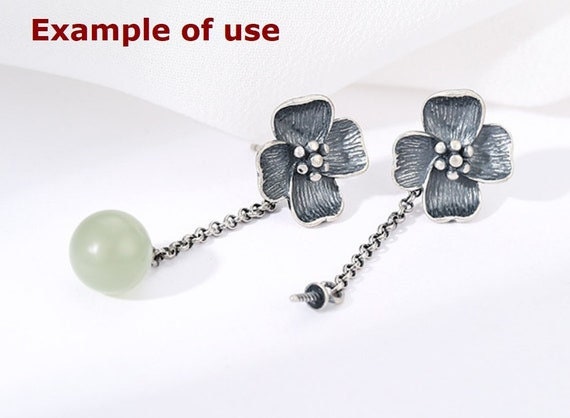 Stud Earring Chain Cup Pin Setting 6-10mm 1 Pair 2.3g 925 Sterling Silver Flower Base for 1 Pearl Bead Wholesale Available