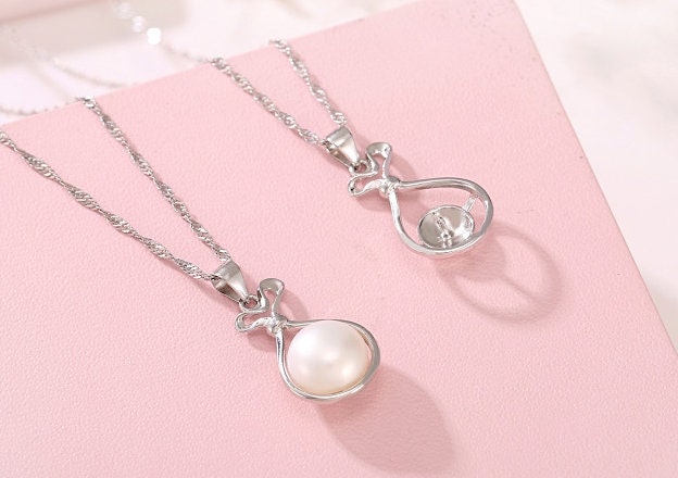 Necklace Pendant Blank Setting Gift Bag Charm 27mm Sterling Silver White Gold Fine 925 For One Pearl Prong DIY Jewelry Finding Wholesale 1pc