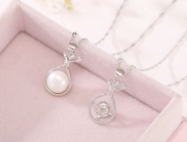 Necklace Pendant Blank Setting Gift Bag Charm 27mm Sterling Silver White Gold Fine 925 For One Pearl Prong DIY Jewelry Finding Wholesale 1pc