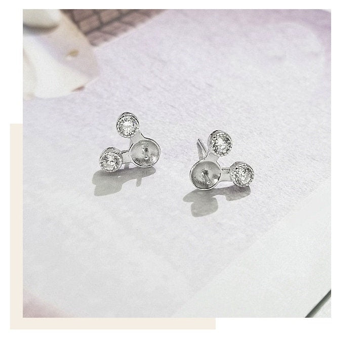 Stud Earring Setting Blanks 7.5mm 1 Pair 1.1g 925 Sterling Silver CZ Semi Mount Round Base for 1 Pearl Bead Wholesale Available