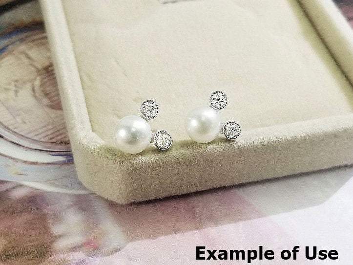 Stud Earring Setting Blanks 7.5mm 1 Pair 1.1g 925 Sterling Silver CZ Semi Mount Round Base for 1 Pearl Bead Wholesale Available