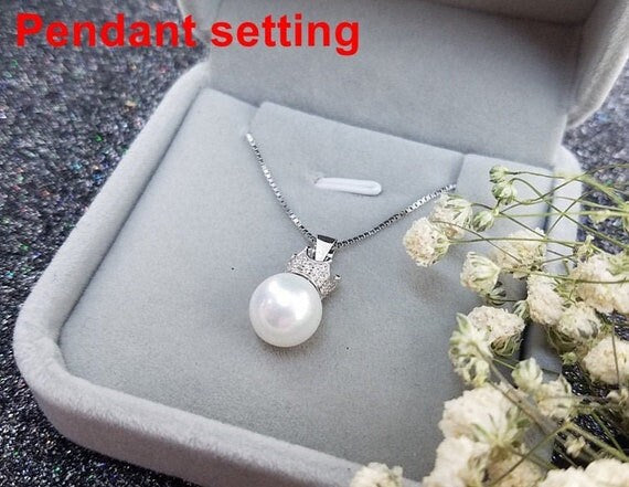 Necklace Pendant Setting Blank 10mm 1pc 0.9g 925 Sterling Silver CZ Semi Mount Crown Shape Base for 1 Pearl Bead Wholesale Available