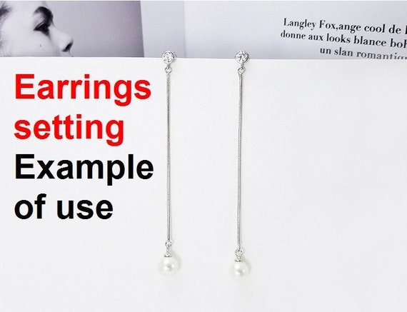 Stud Earring Setting Dangle Chain Cup 7mm 1 Pair 1.8g 925 Sterling Silver CZ Semi Mount Base for 1 Pearl Bead Wholesale Available