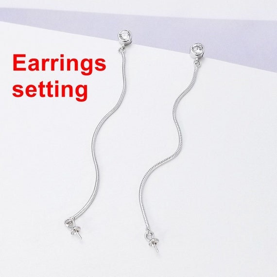 Stud Earring Setting Dangle Chain Cup 7mm 1 Pair 1.8g 925 Sterling Silver CZ Semi Mount Base for 1 Pearl Bead Wholesale Available