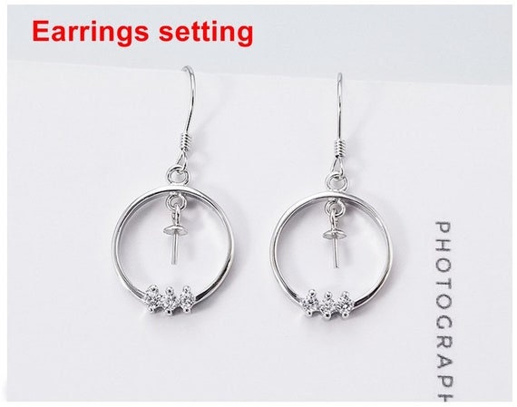 Hook Earring Setting Blanks 6mm 1 Pair 2.4g 925 Sterling Silver CZ Semi Mount Circle Round Base for 1 Pearl Bead Wholesale Available