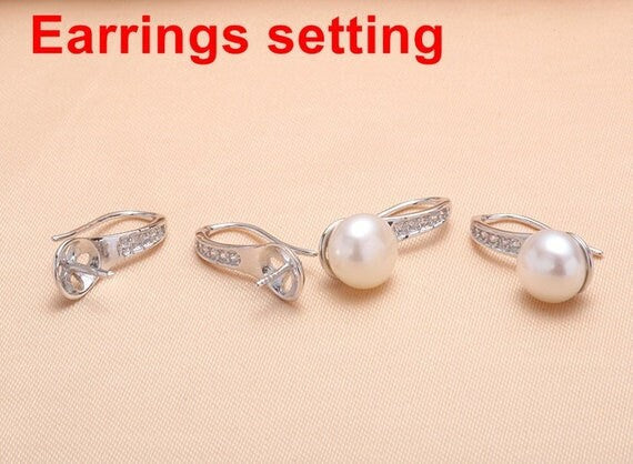 Hook Earring Setting Blanks 6.5mm 1 Pair 0.8g 925 Sterling Silver CZ Semi Mount Round Base for 1 Pearl Bead Wholesale Available