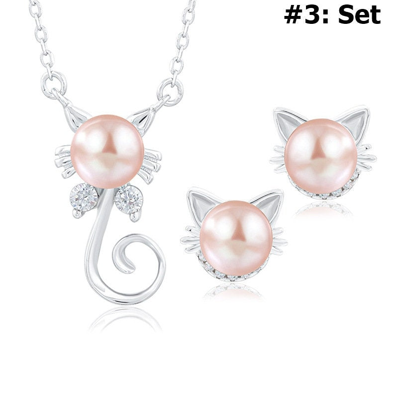 Setting Blanks Jewelry Set 925 Sterling Silver Halo Earrings Pendant Necklace 10 19mm 3/8 3/4" Cat Theme CZ Mount Pearl Bead Peg Cup Bead