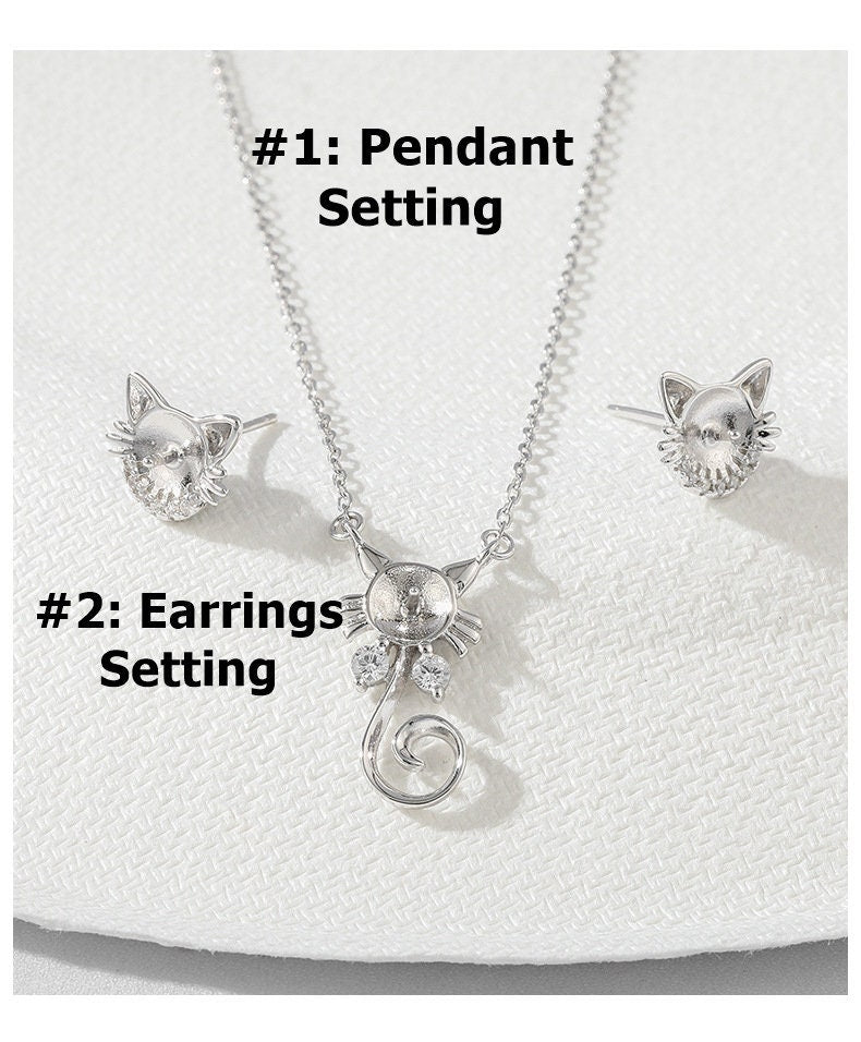 Setting Blanks Jewelry Set 925 Sterling Silver Halo Earrings Pendant Necklace 10 19mm 3/8 3/4" Cat Theme CZ Mount Pearl Bead Peg Cup Bead