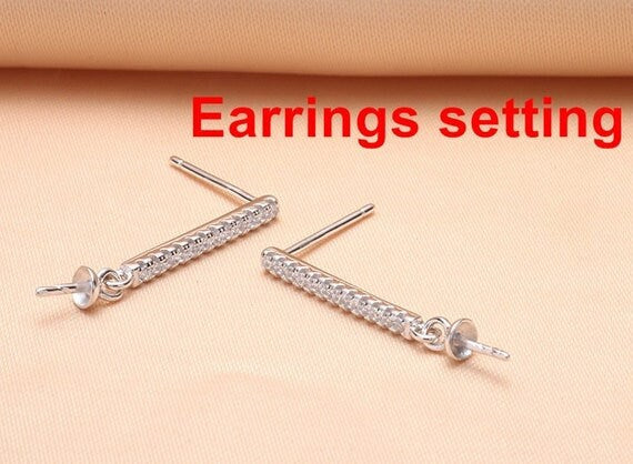 Stud Earring Setting Blanks 6mm 1 Pair 1.0g 925 Sterling Silver CZ Semi Mount Round Base for 1 Pearl Bead Wholesale Available