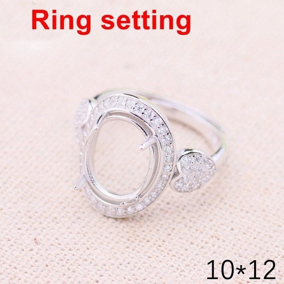 Halo Ring Setting Blank 10x12mm 925 Sterling Silver CZ Semi Mount for Oval Faceted Cabochon Stone 4 Prongs Adjustable Wholesale Available