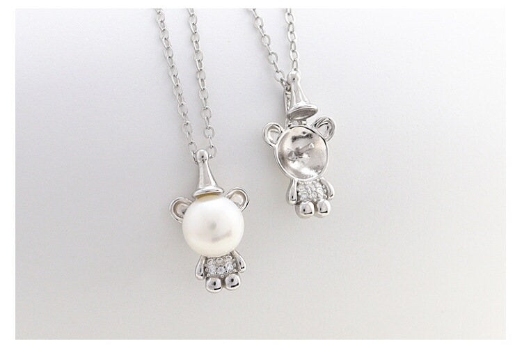 Necklace Pendant Blank Setting Bear Charm 11x20mm Sterling Silver White Gold Fine 925 For One Pearl Prong DIY Jewelry Finding Wholesale 1pc