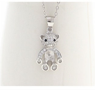 Necklace Pendant Blank Setting Bear Charm 11x25mm Sterling Silver White Gold Fine 925 For One Pearl Prong DIY Jewelry Finding Wholesale 1pc