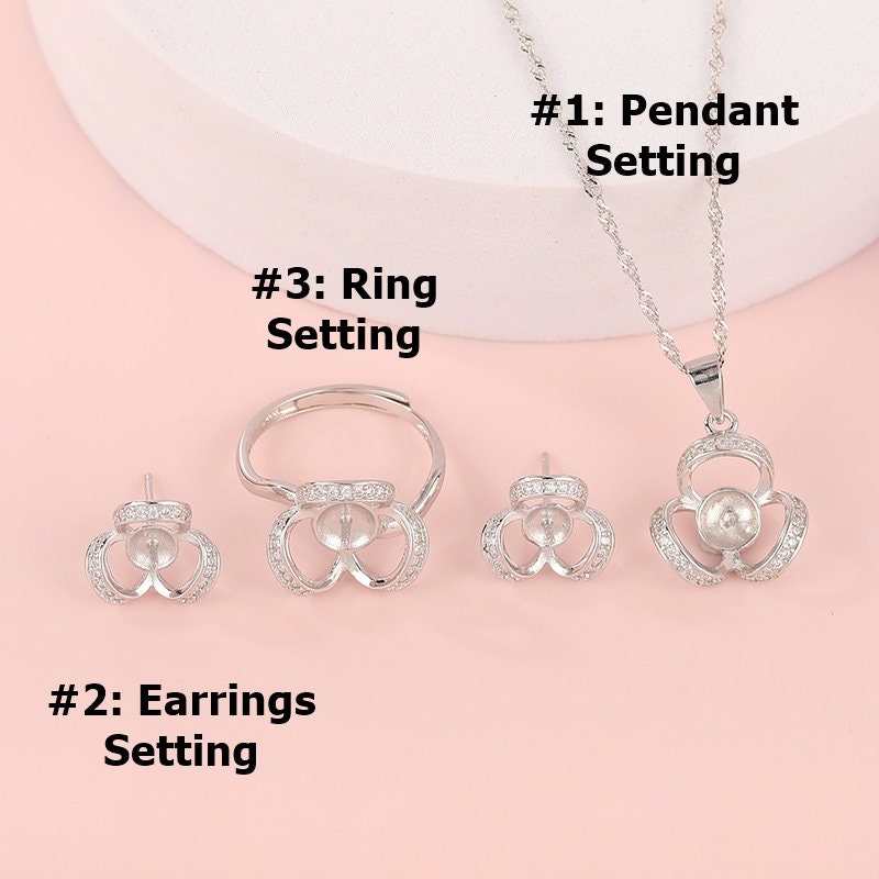 Setting Blanks Jewelry Set 925 Sterling Silver Halo Ring Earrings Pendant Necklace 15 21mm 5/8 7/8" CZ Mount Pearl Peg Cup Bead Bulk