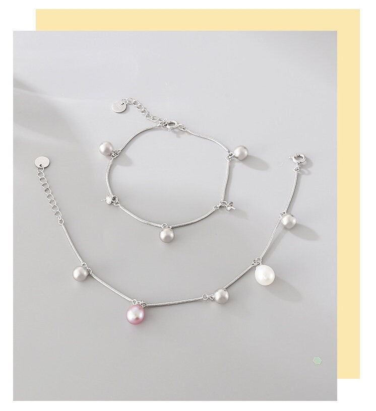 Pearl Chain Bracelet Setting 160mm 6,3" Sterling Silver 925 For Two Beads Blank Tray Base White Gold Fine No Prongs Jewelry Wholesale 1pc