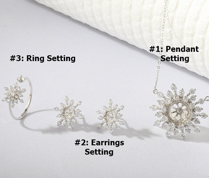 Setting Blanks Jewelry Set 925 Sterling Silver Halo Ring Earrings Pendant Necklace 21x25mm 7/8 1" CZ Mount Pearl Peg Cup Bead Bulk