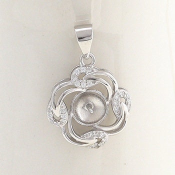 Necklace Pendant Blank Setting Flower Charm 23mm Sterling Silver White Gold Fine 925 For One Pearl Prong DIY Jewelry Finding Wholesale 1pc