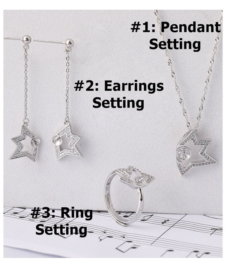 Setting Blanks Jewelry Set 925 Sterling Silver Halo Ring Earrings Pendant Necklace 17 19mm 5/8 3/4" CZ Mount Pearl Peg Cup Bead Bulk