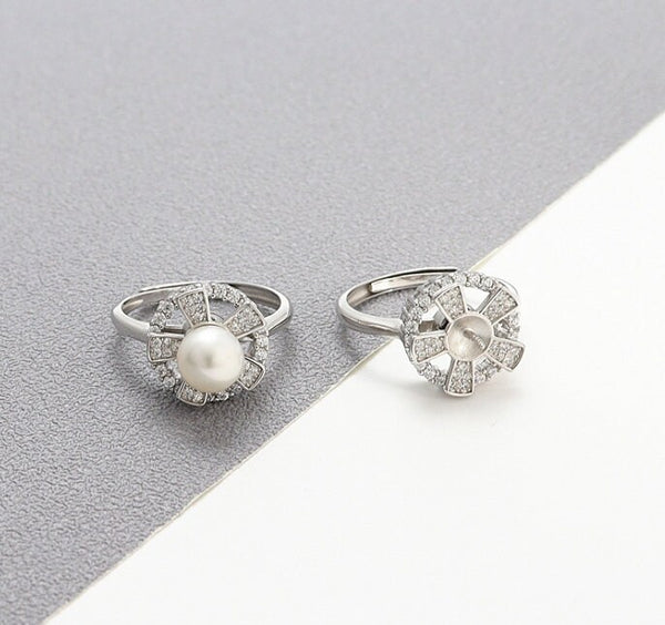 Ring Blank Pearl Setting 7mm 925 Solid Sterling Silver White Gold Bezel Flower Cup Adjustable For One Bead DIY Jewelry Finding Wholesale 1pc