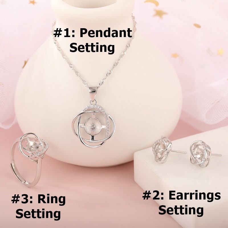 Setting Blanks Jewelry Set 925 Sterling Silver Halo Ring Earrings Pendant Necklace 17 24mm 5/8 1" CZ Mount Pearl Peg Cup Bead Bulk