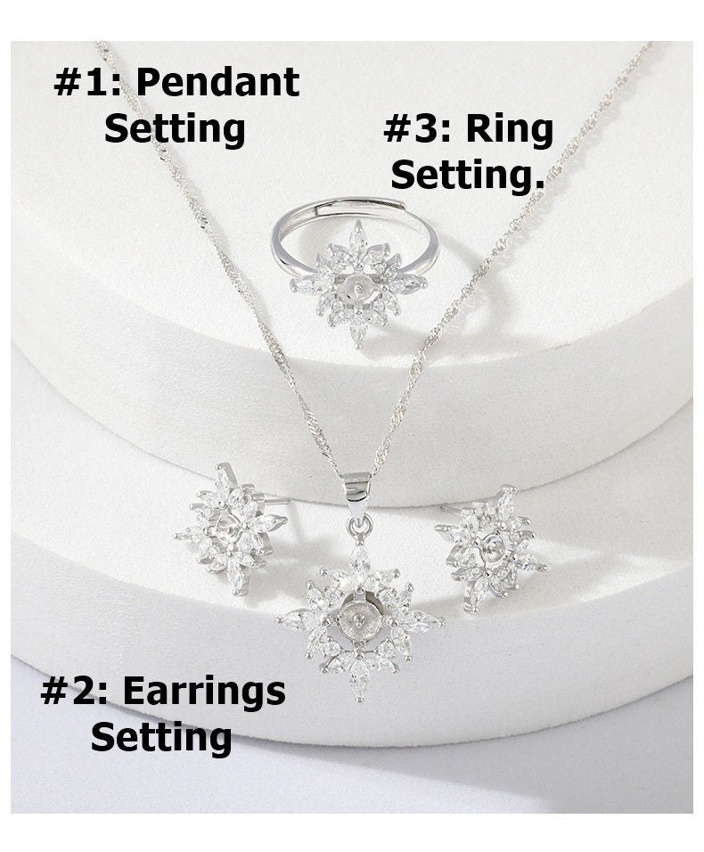 Setting Blanks Jewelry Set 925 Sterling Silver Halo Ring Earrings Pendant Necklace 19 22mm 3/4 7/8" CZ Mount Pearl Peg Cup Bead Bulk