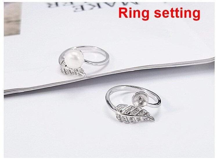 Ring Setting Blank 6.5mm 1pc 1.6g 925 Sterling Silver Adjustable CZ Semi Mount Leaf Shape Base for 1 Pearl Bead Wholesale Available