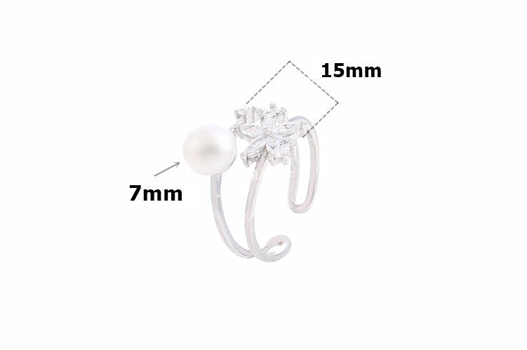 Ring Blank Pearl Setting 7mm 925 Solid Sterling Silver White Gold Bezel Flower Cup Adjustable For One Bead DIY Jewelry Finding Wholesale 1pc