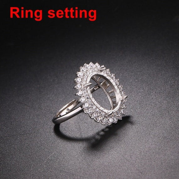 Halo Ring Setting Blank 16mm 1pc 925 Sterling Silver CZ Semi Mount for Oval Faceted Stone 4 Prongs Love Theme Adjustable Wholesale Available