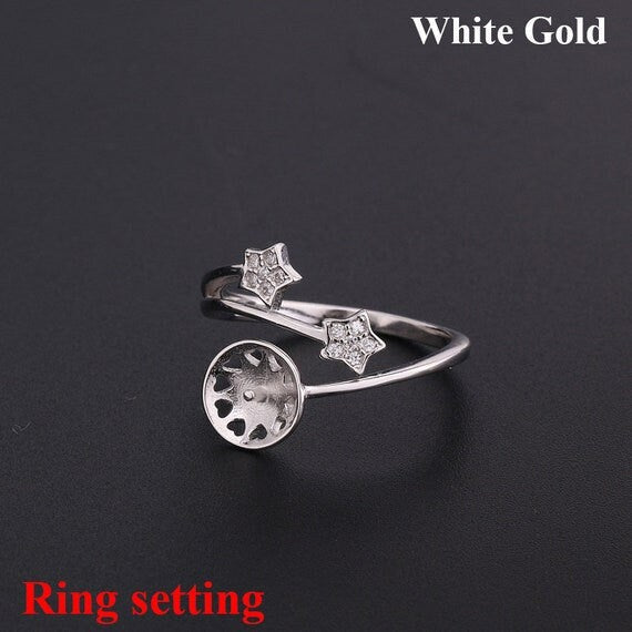 Ring Setting Blank 10-14mm 1pc 1.7g 925 Sterling Silver Adjustable CZ Semi Mount Star Shape Base for 1 Pearl Bead Wholesale Available