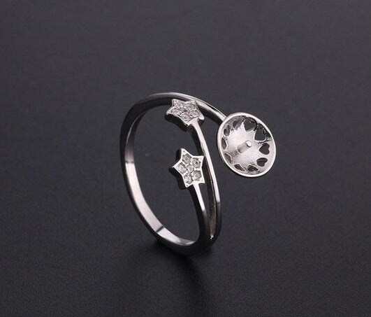 Ring Setting Blank 10-14mm 1pc 1.7g 925 Sterling Silver Adjustable CZ Semi Mount Star Shape Base for 1 Pearl Bead Wholesale Available