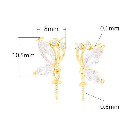 Stud Earring Setting Blanks 8x10.5mm 1 Pair 1.7g 925 Sterling Silver CZ Semi Mount Butterfly Base for 1 Pearl Bead Wholesale Available