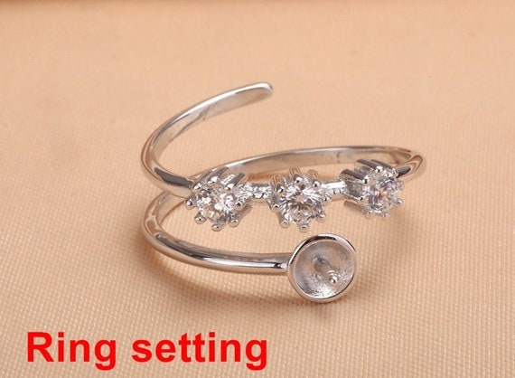 Ring Setting Blank 6mm 1pc 1.4g 925 Sterling Silver Adjustable CZ Semi Mount Round Shape Base for 1 Pearl Bead Wholesale Available