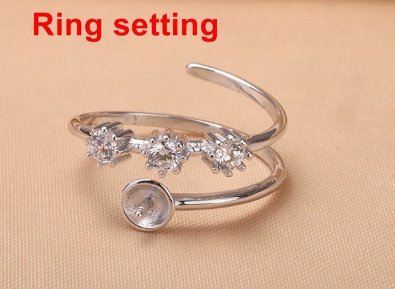 Ring Setting Blank 6mm 1pc 1.4g 925 Sterling Silver Adjustable CZ Semi Mount Round Shape Base for 1 Pearl Bead Wholesale Available