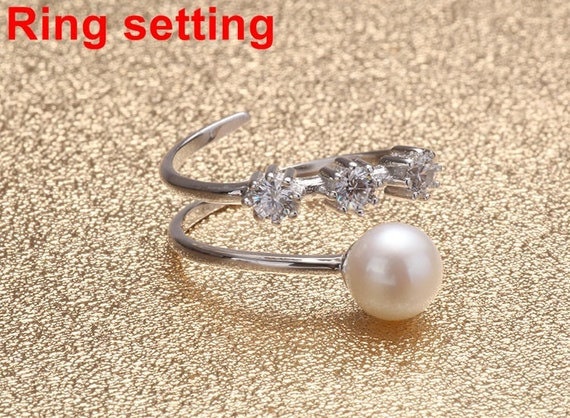 Ring Setting Blank 6mm 1pc 1.4g 925 Sterling Silver Adjustable CZ Semi Mount Round Shape Base for 1 Pearl Bead Wholesale Available