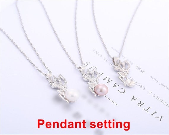 Necklace Pendant Setting Blank 8mm 1pc 1.7g 925 Sterling Silver Wings Fairy Shape Base for 1 Pearl Bead CZ Semi Mount Wholesale Available