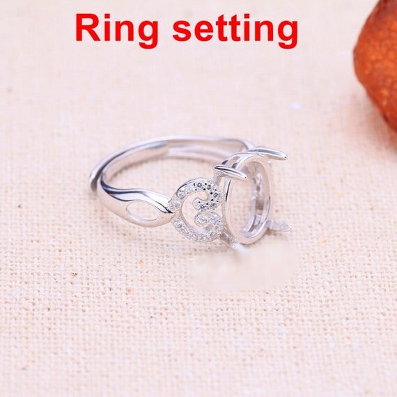 Halo Ring Setting Blank 9x11mm 1pc 925 Sterling Silver CZ Semi Mount for Oval Faceted Cabochon Stone 4 Prongs Adjustable Wholesale Available