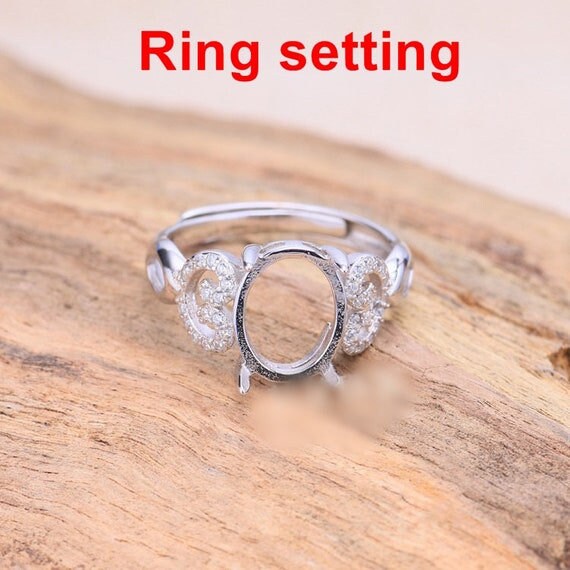 Halo Ring Setting Blank 9x11mm 1pc 925 Sterling Silver CZ Semi Mount for Oval Faceted Cabochon Stone 4 Prongs Adjustable Wholesale Available