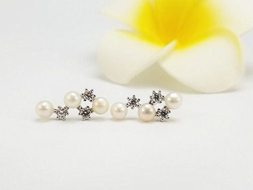 Stud Earring Setting Blanks 4.5mm 1 Pair 1.7g 925 Sterling Silver CZ Semi Mount Twig Base for 3 Pearls Beads Wholesale Available