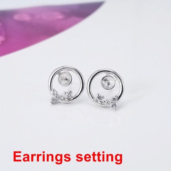 Stud Earring Setting Blanks 7mm 1 Pair 1.8g 925 Sterling Silver CZ Semi Mount Round Base for 1 Pearl Bead Wholesale Available