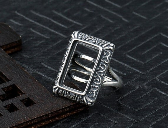 Ring Setting Blank Bezel 16 18mm 1pc 4g 925 Sterling Silver Adjustable for 1 Rectangle Shape Cabochon Cameo No Prongs Wholesale Available