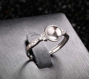 Ring Setting Blank 8-9mm 1pc 1.3g 925 Sterling Silver Adjustable CZ Semi Mount Round Shape Base for 1 Pearl Bead Wholesale Available