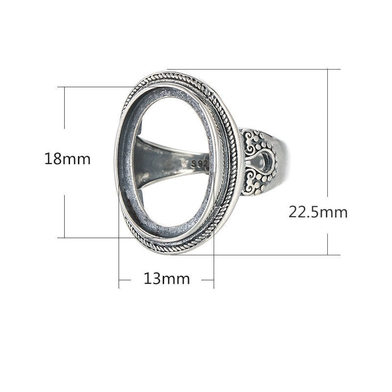 Ring Blank Cabochon Setting 13x18mm 925 Solid Sterling Silver Bezel Vintage Adjustable For One Stone DIY Jewelry Finding Wholesale 1pc