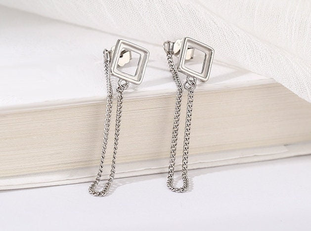 Stud Earring Blank Setting 5x5mm Square Chain Cup 925 Sterling Silver Bezel Fine For One Cabochon DIY Jewelry Wholesale 1 Pair