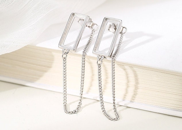 Stud Earring Blank Setting 5x11mm Rectangle Chain Cup 925 Sterling Silver Bezel Fine For One Cabochon DIY Jewelry Wholesale 1 Pair