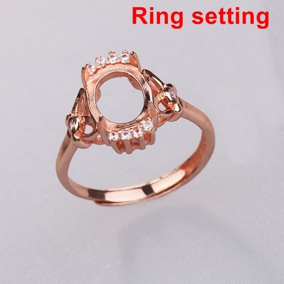 Halo Ring Setting Blank 8x10mm 1pc 925 Sterling Silver CZ Semi Mount for Oval Faceted Cabochon Stone 4 Prongs Adjustable Wholesale Available